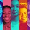 Artistic lineup of diverse people with positive emotion in multicolor gradient portrait style. Concept of creativity, diversity, inclusion, optimism, teamwork, society, connection and global unity.