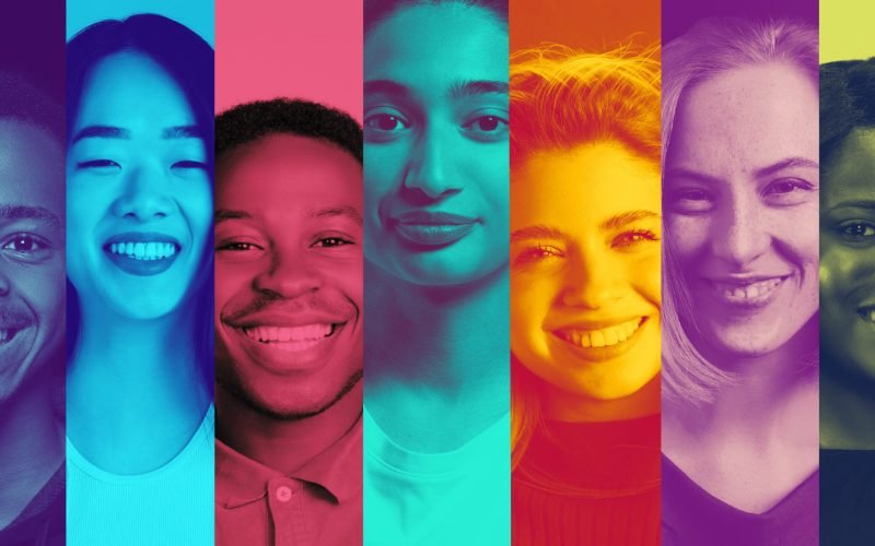 Artistic lineup of diverse people with positive emotion in multicolor gradient portrait style. Concept of creativity, diversity, inclusion, optimism, teamwork, society, connection and global unity.