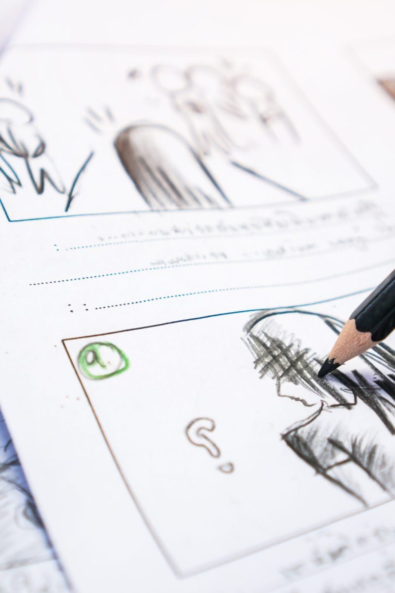 Hands on Storyboard moive layout for pre-production, storytelling drawing creative for process production media films. Script video editors and writing graphic in form displayed in maker shooting