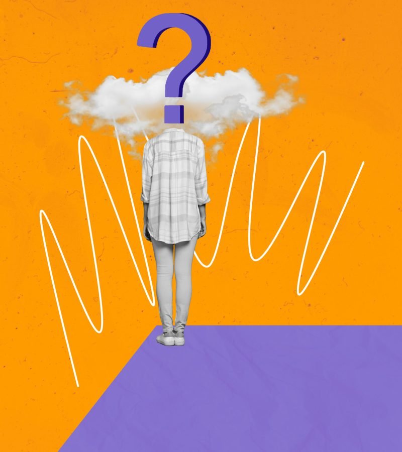 Picture collage of headless girl question mark stand over abyss misunderstanding no idea mind isolated on creative background.